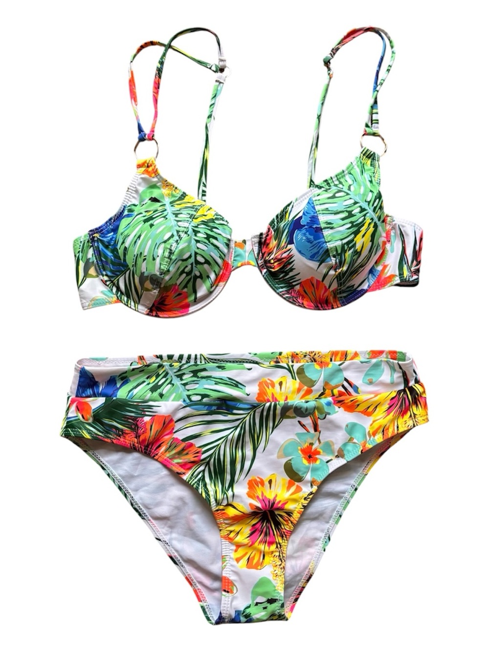 Hibiscus Tropical Leaf High-Waist Bikini Set Metal Clasp - Green Floral